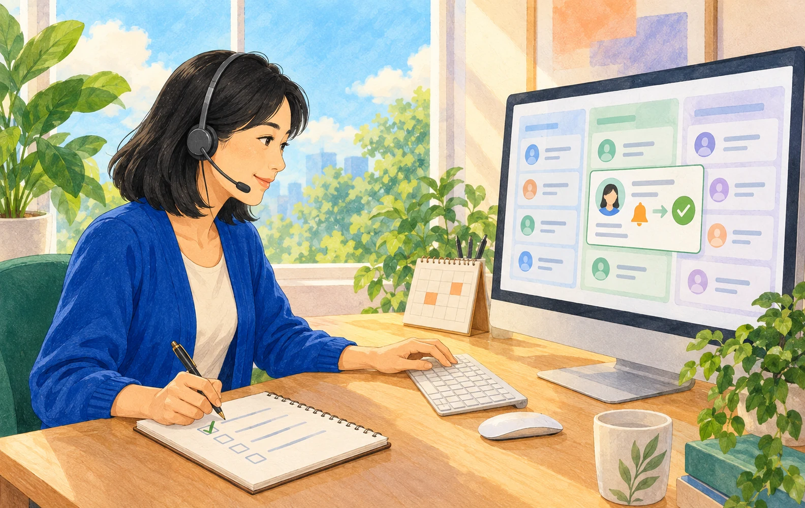 手绘插画：销售根据 CRM 提醒回访客户并记录跟进结果