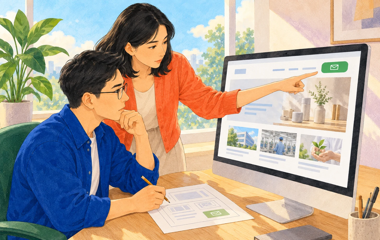 手绘插画：企业负责人和设计师检查官网内容与咨询入口
