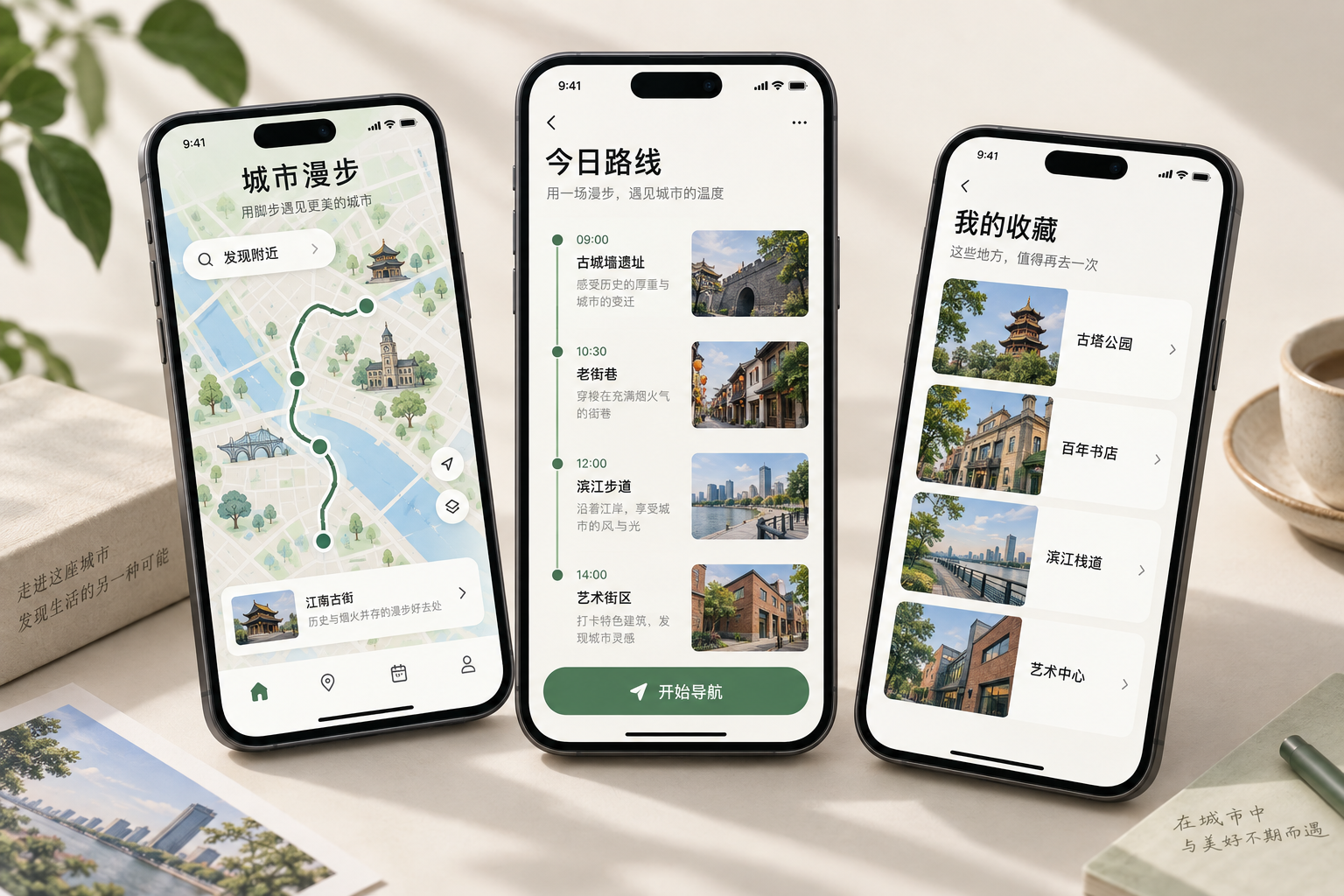 城市漫步移动应用，展示地图导航、行程安排与地点收藏