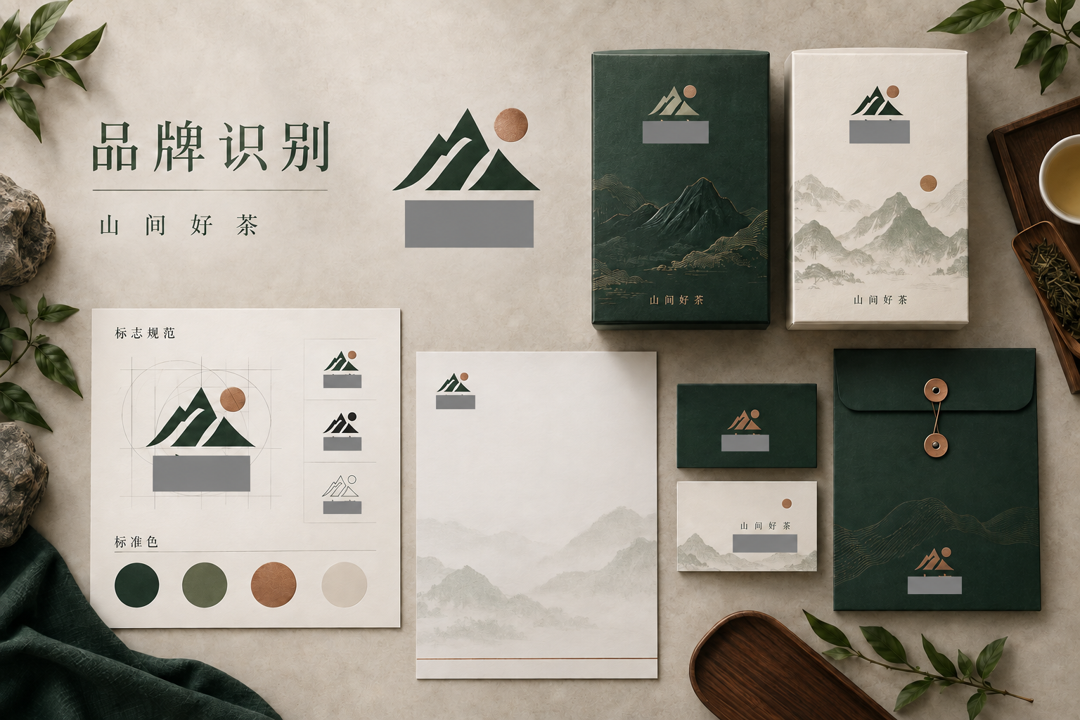 茶品牌视觉识别设计，展示标志规范、标准色和包装应用