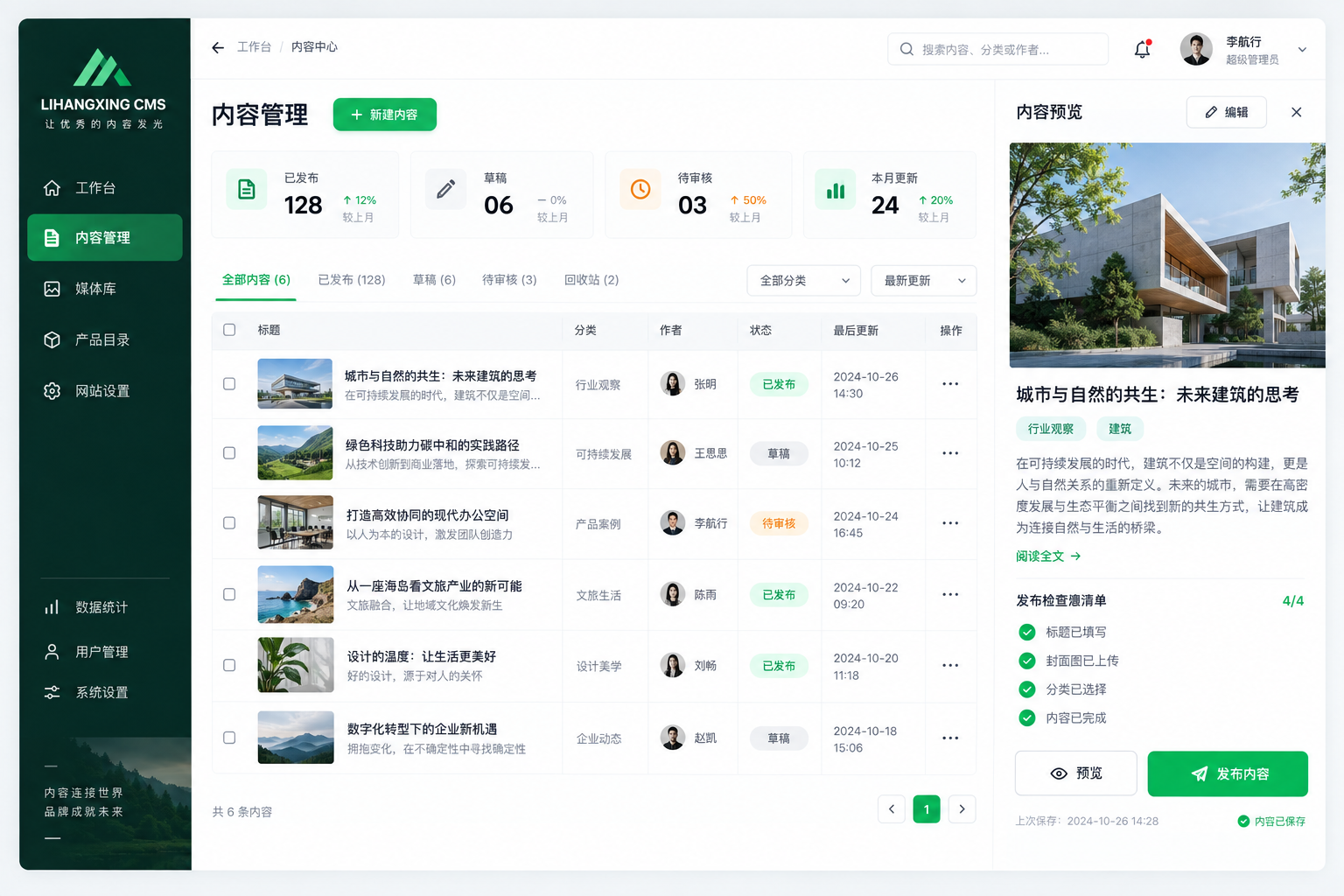 网站内容管理后台,包含内容统计、文章列表与发布预览
