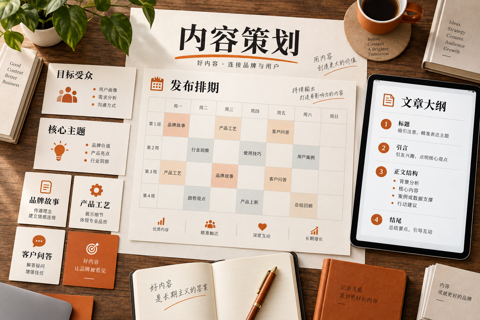 内容策划工作台,展示受众、主题、文章大纲及发布排期