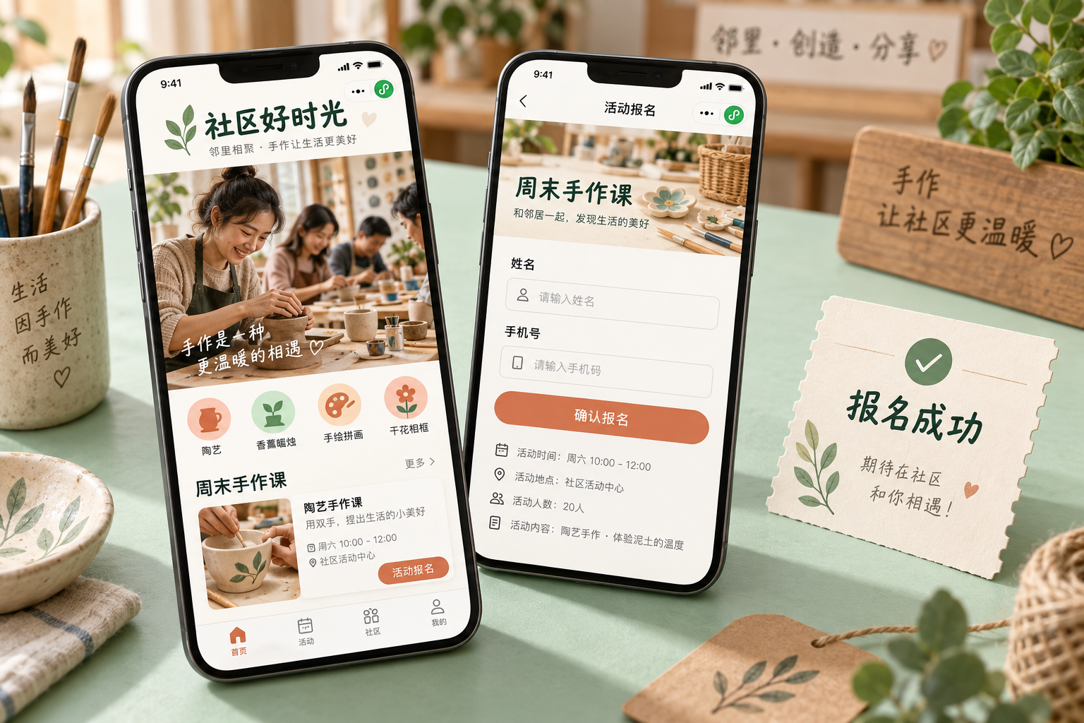 微信服务小程序手机界面：社区活动列表、活动报名表、报名成功电子凭证，三种页面