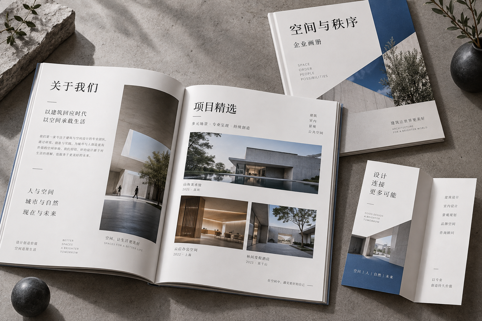 建筑企业画册与印刷套装，展示跨页排版、折页与展会物料