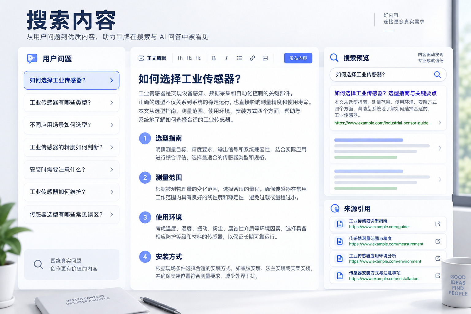 搜索内容编辑界面,展示问题研究、文章结构、搜索预览和来源引用
